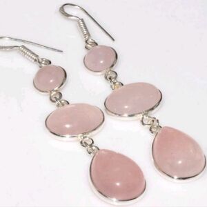 Rose Quartz Gemstone 925 Sterling Silver Handmade Drop Dangle Earrings